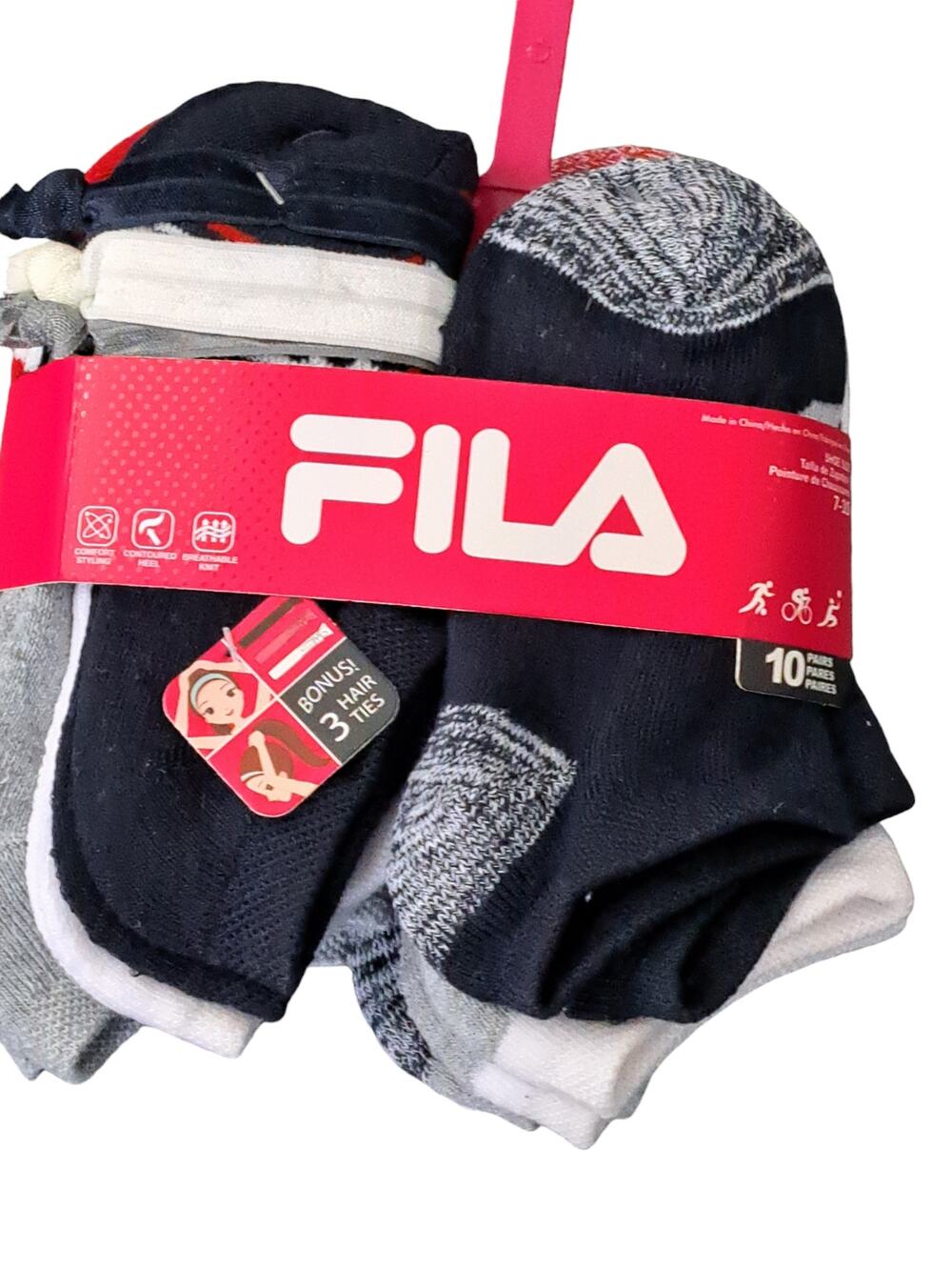 NWT Fila 10 Pairs Comfort Knit Soft Socks Bonus 3 Hair Ties Girls 7 to 10 Shoe